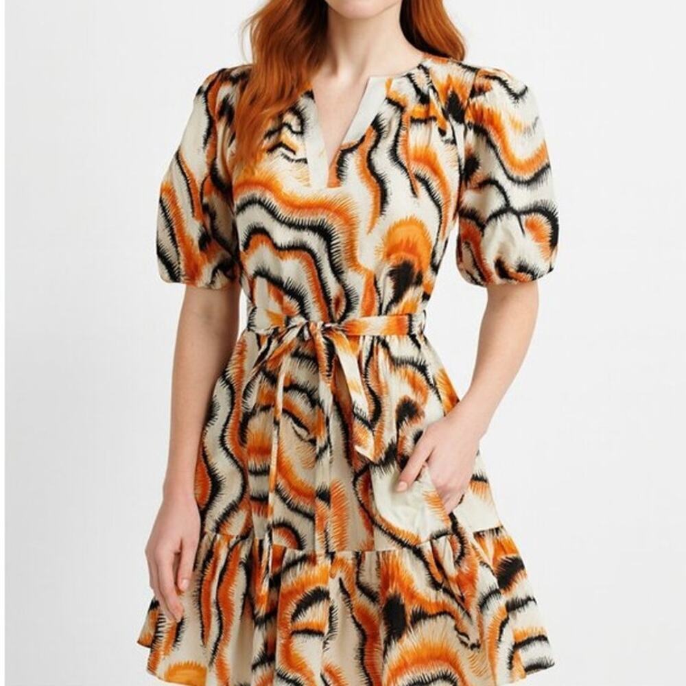 Willa Story Rachel Puff Sleeve V-Neck Babydoll Mini Dress Orange Black Womens XS